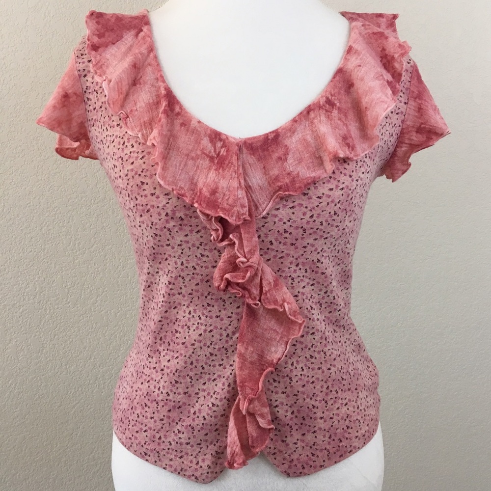 Paris Blues pink floral front ruffle top, size M